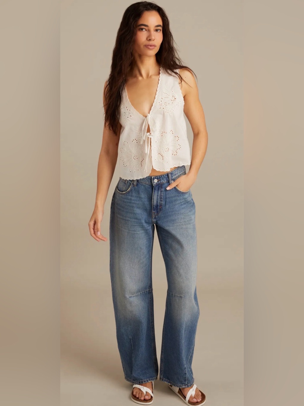Lucky Brand High Rise Wide Leg Jeans Barrel Mid Wash Western Boho Denim Long